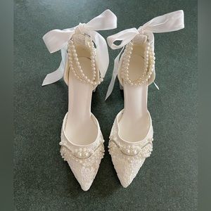 Ivory pearl detail lace block heel